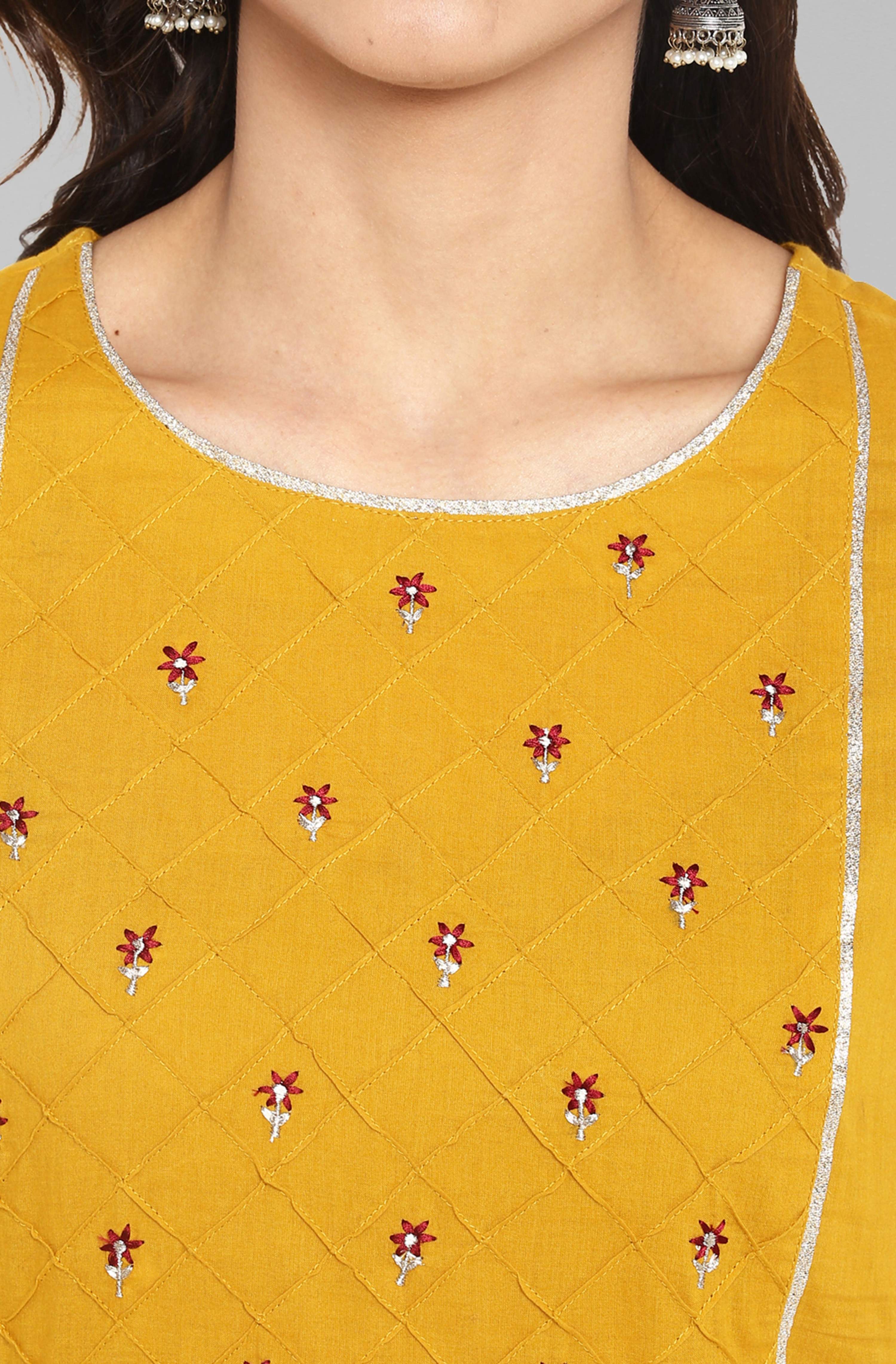Janasya Women's Mustard Cotton Embroidered Kurta With Palazzo - Distacart