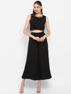 Janasya Black Poly Crepe Gold Print Set