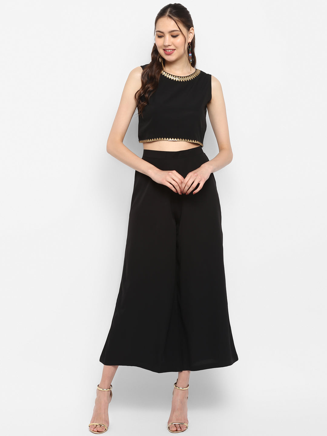 Janasya Black Poly Crepe Gold Print Set