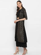 Janasya Black Poly Crepe Gold Print Set