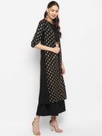 Janasya Black Poly Crepe Gold Print Set