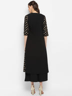Janasya Black Poly Crepe Gold Print Set