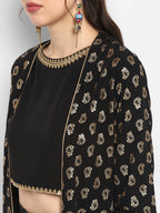 Janasya Black Poly Crepe Gold Print Set