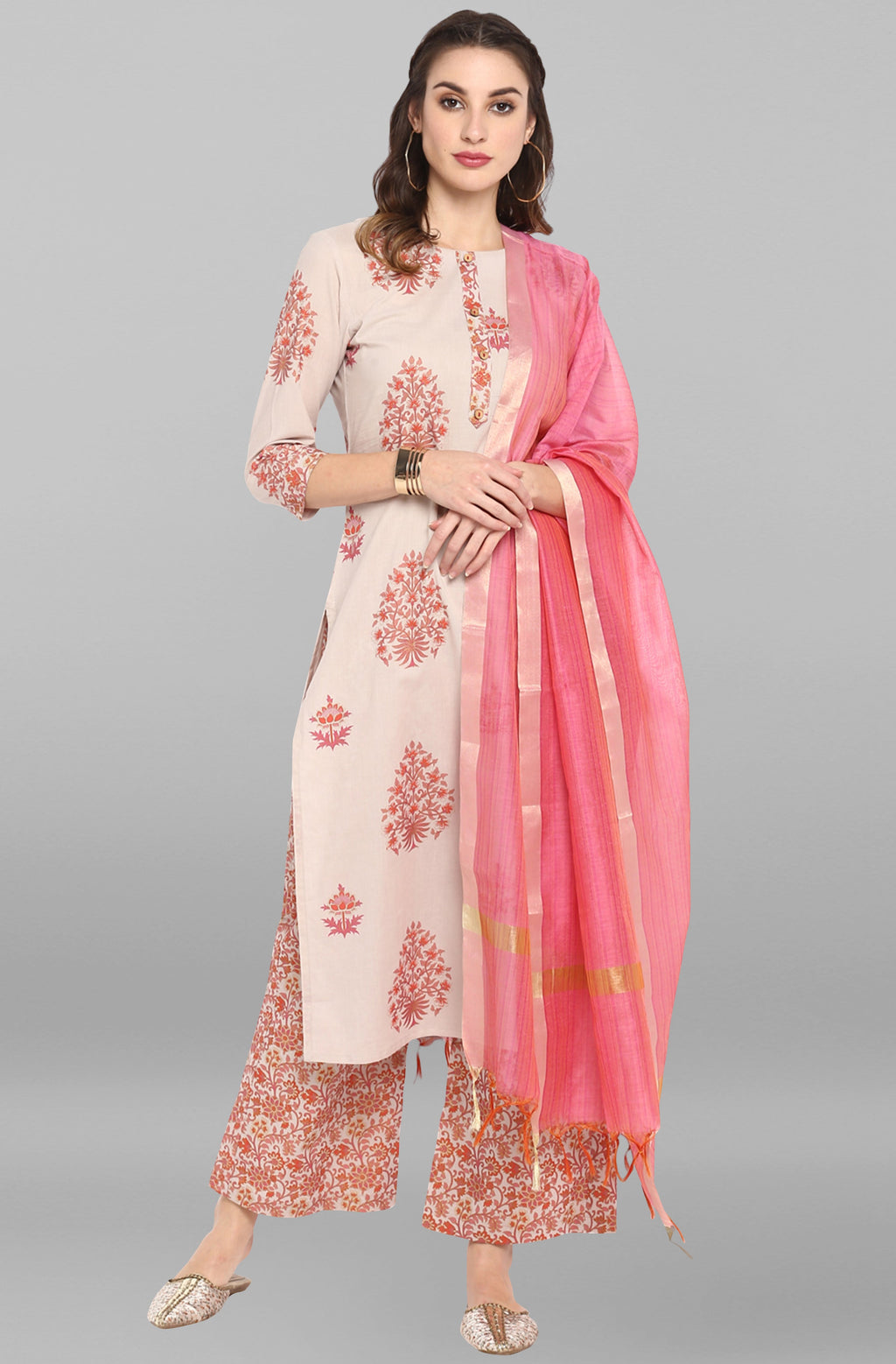 Janasya Women's Lilac Cotton Block Print Kurta With Palazzo And Dupatta - Distacart