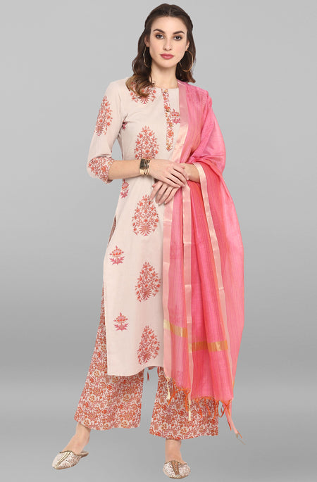 Janasya Women's Lilac Cotton Block Print Kurta With Palazzo And Dupatta