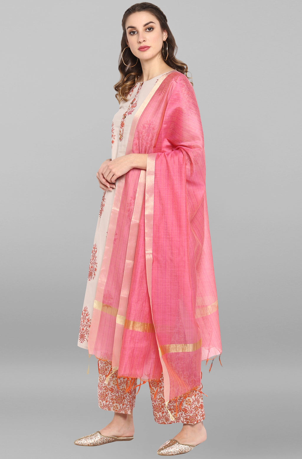 Janasya Women's Lilac Cotton Block Print Kurta With Palazzo And Dupatta - Distacart