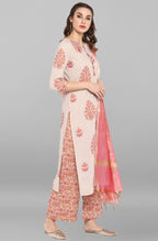 Janasya Women's Lilac Cotton Block Print Kurta With Palazzo And Dupatta - Distacart