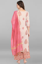 Janasya Women's Lilac Cotton Block Print Kurta With Palazzo And Dupatta - Distacart