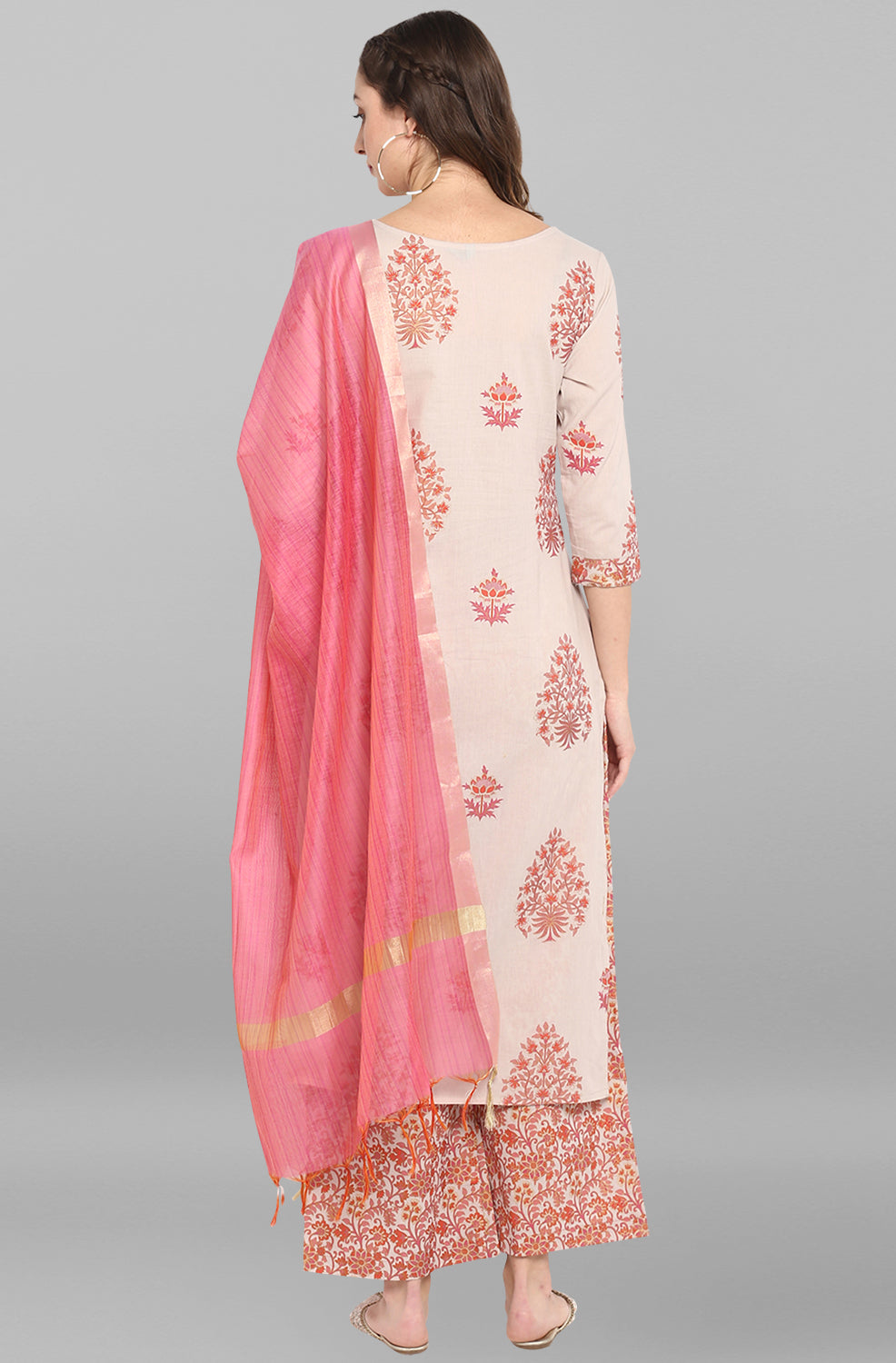 Janasya Women's Lilac Cotton Block Print Kurta With Palazzo And Dupatta - Distacart