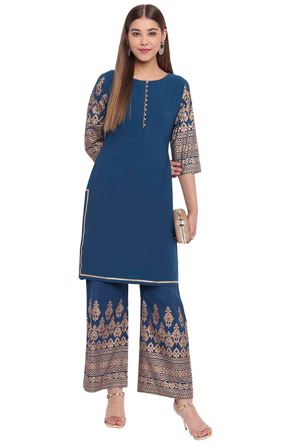 Janasya Teal Poly Crepe Printed Set - Distacart