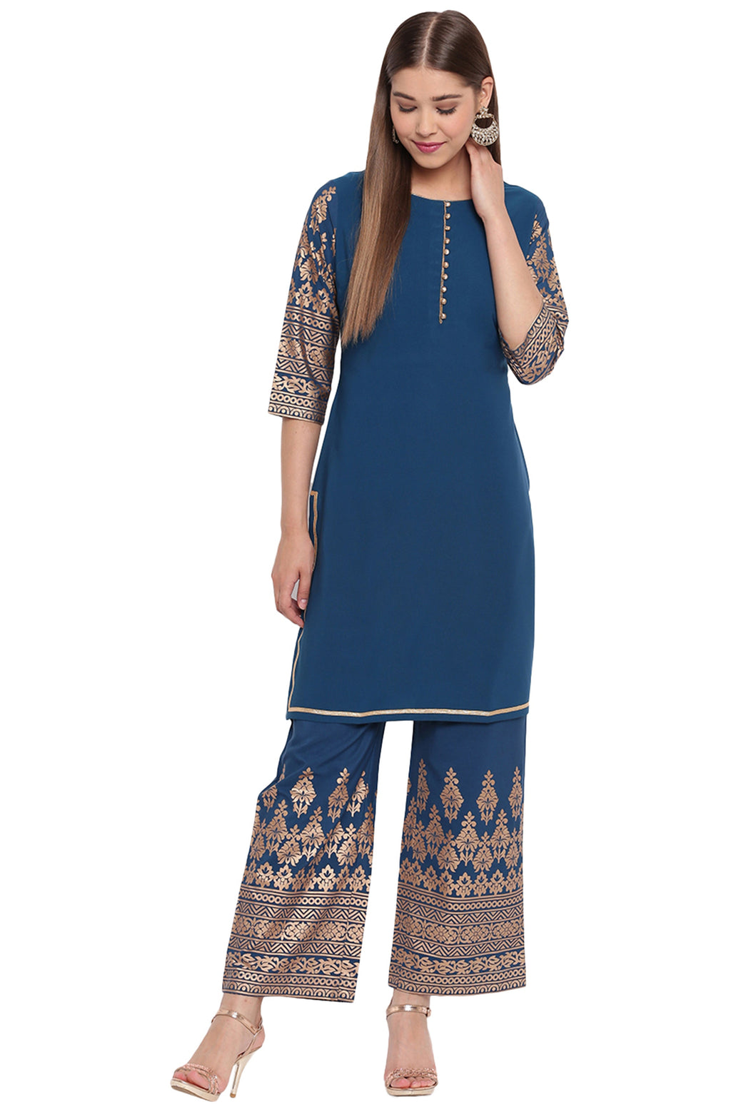 Janasya Teal Poly Crepe Printed Set - Distacart