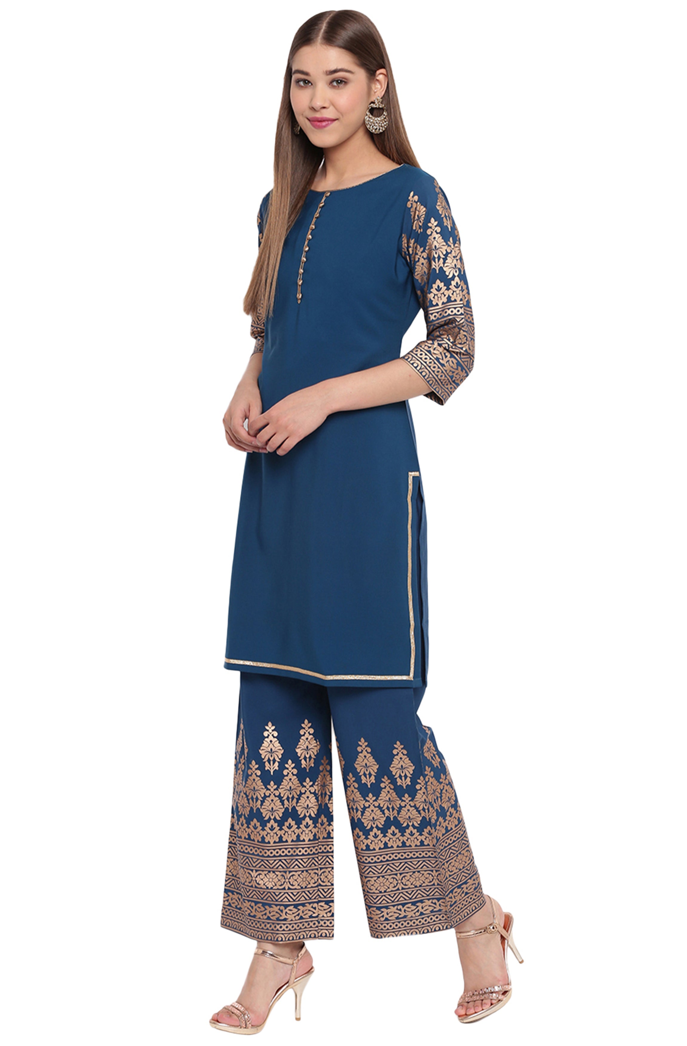 Janasya Teal Poly Crepe Printed Set - Distacart
