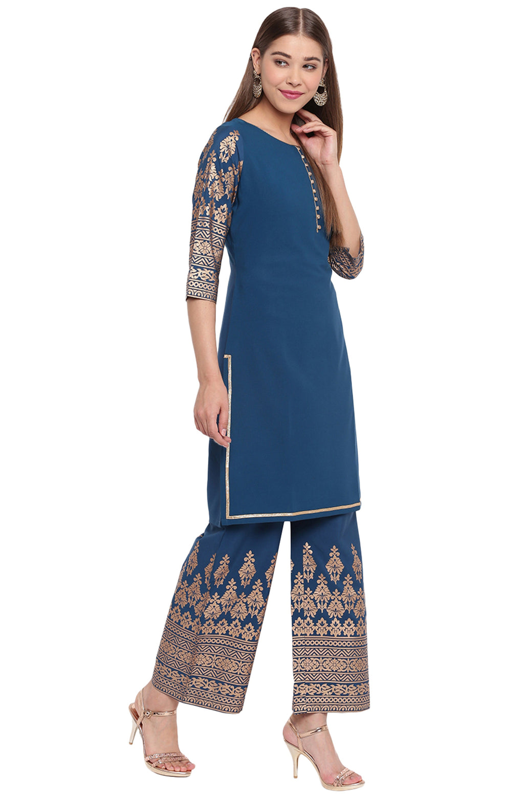 Janasya Teal Poly Crepe Printed Set - Distacart