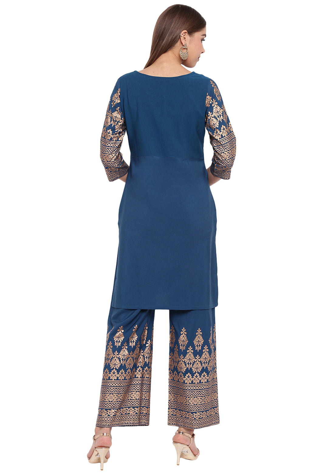 Janasya Teal Poly Crepe Printed Set - Distacart