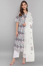 Janasya Women's White Cotton Botanical Print Kurta With Palazzo And Dupatta - Distacart