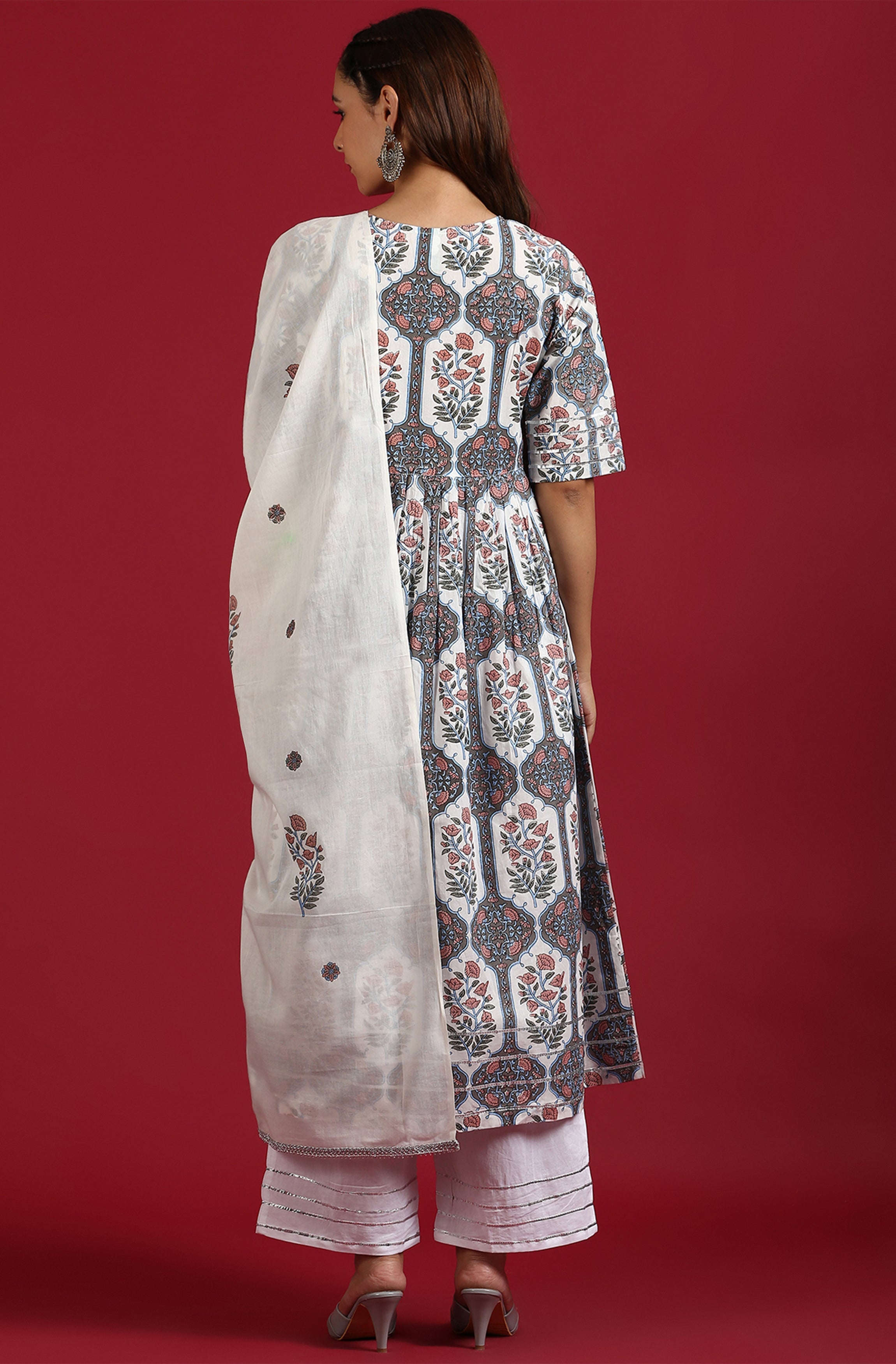 Janasya Women's White Cotton Botanical Print Kurta With Palazzo And Dupatta - Distacart