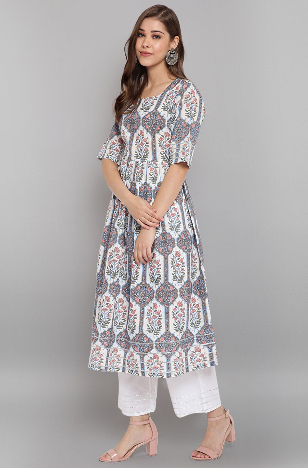 Janasya Women's White Cotton Botanical Print Kurta With Palazzo And Dupatta - Distacart
