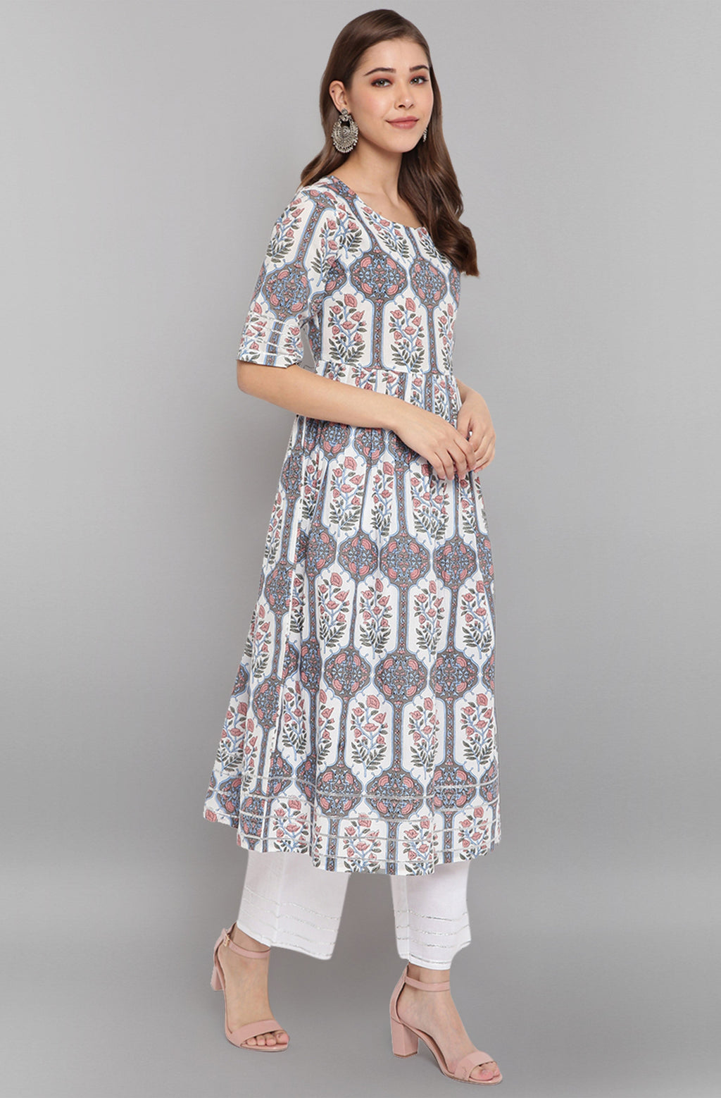 Janasya Women's White Cotton Botanical Print Kurta With Palazzo And Dupatta - Distacart