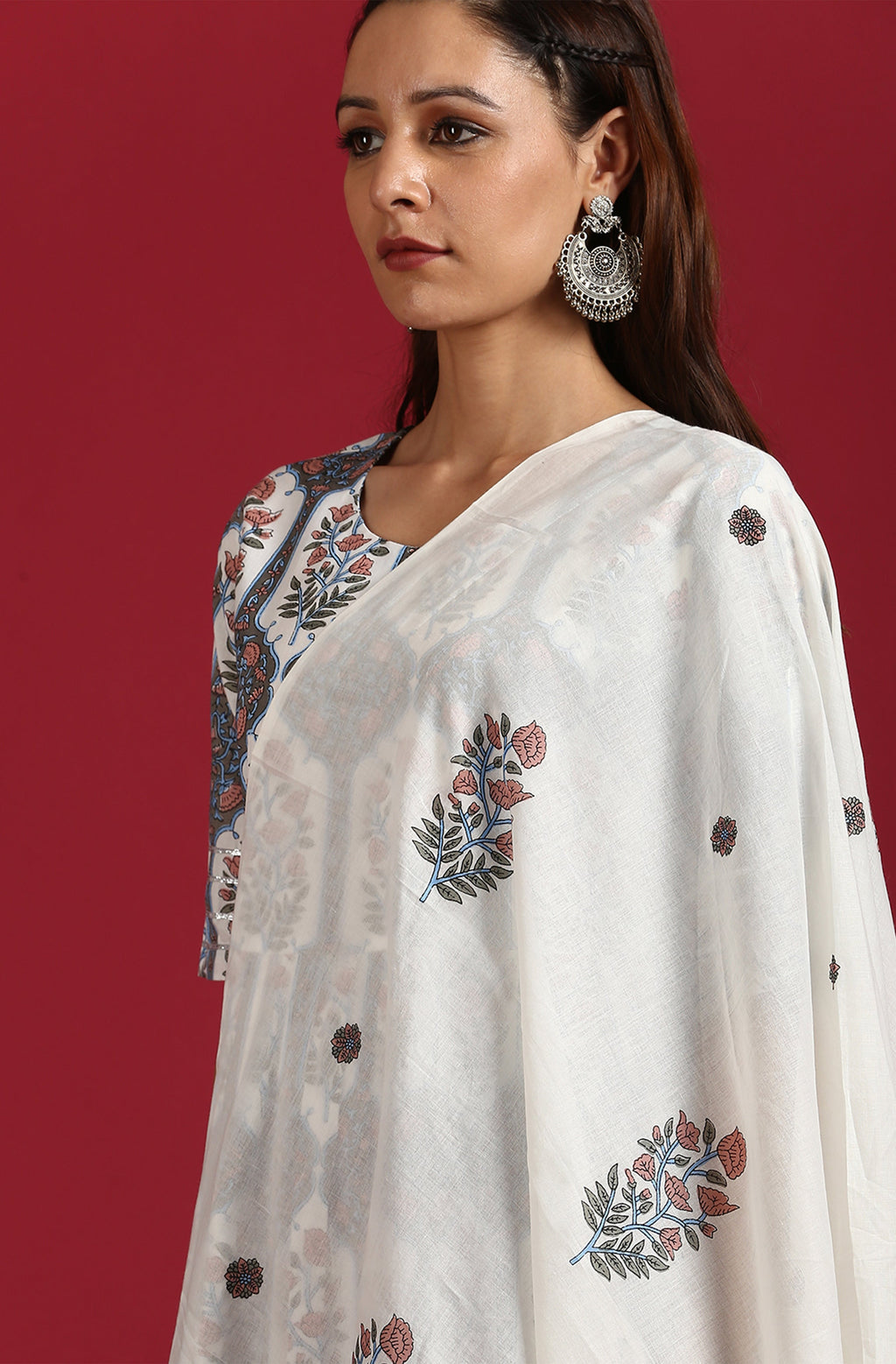 Janasya Women's White Cotton Botanical Print Kurta With Palazzo And Dupatta - Distacart
