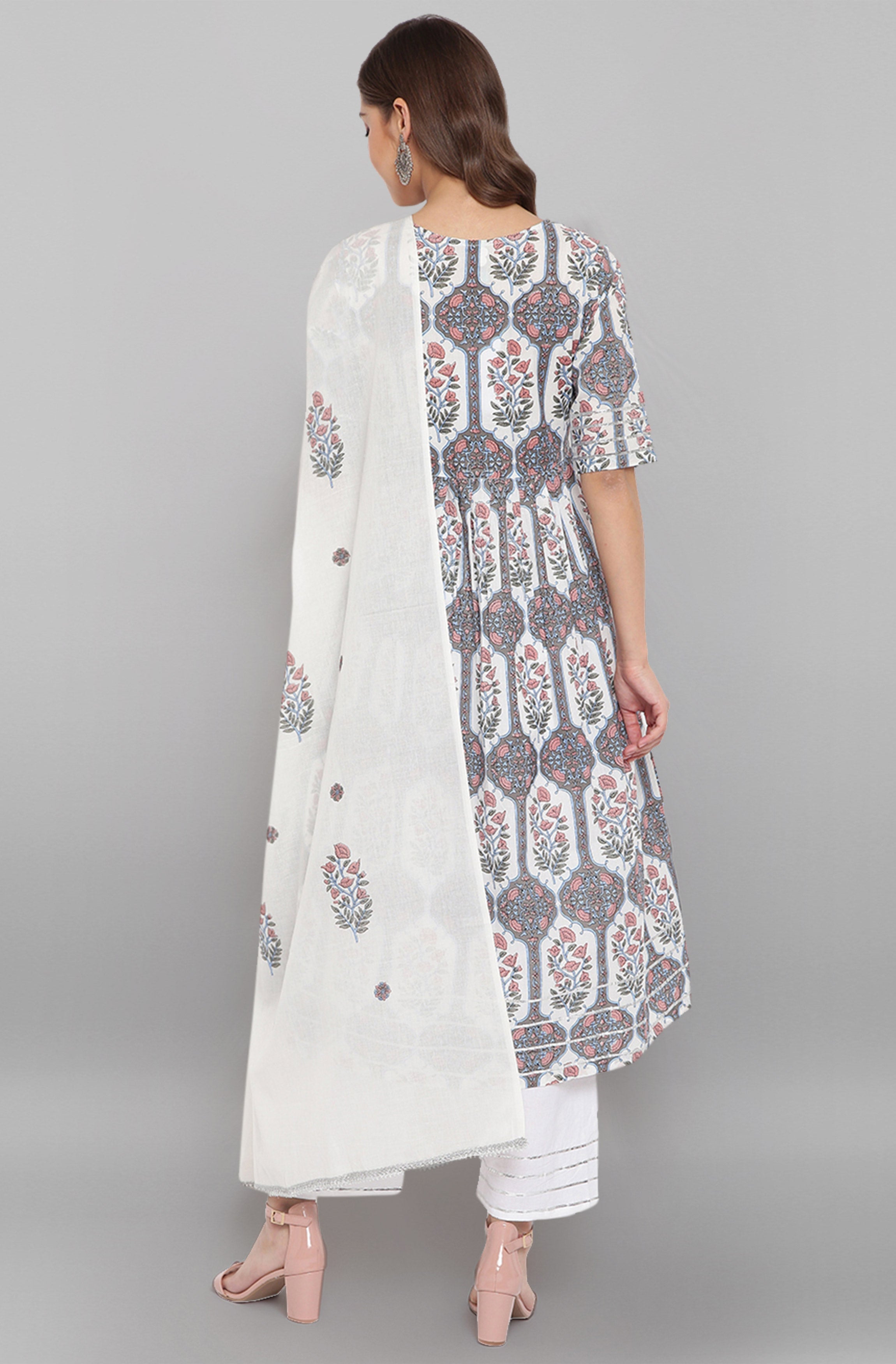 Janasya Women's White Cotton Botanical Print Kurta With Palazzo And Dupatta - Distacart