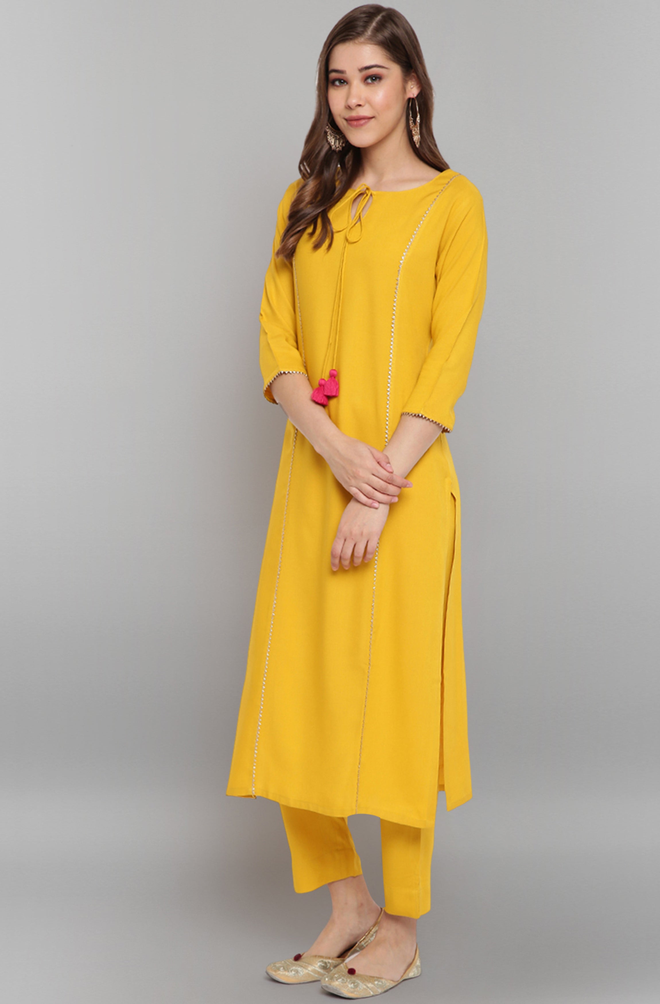 Janasya Women's Mustard Rayon Solid Kurta With Pant And Dupatta - Distacart