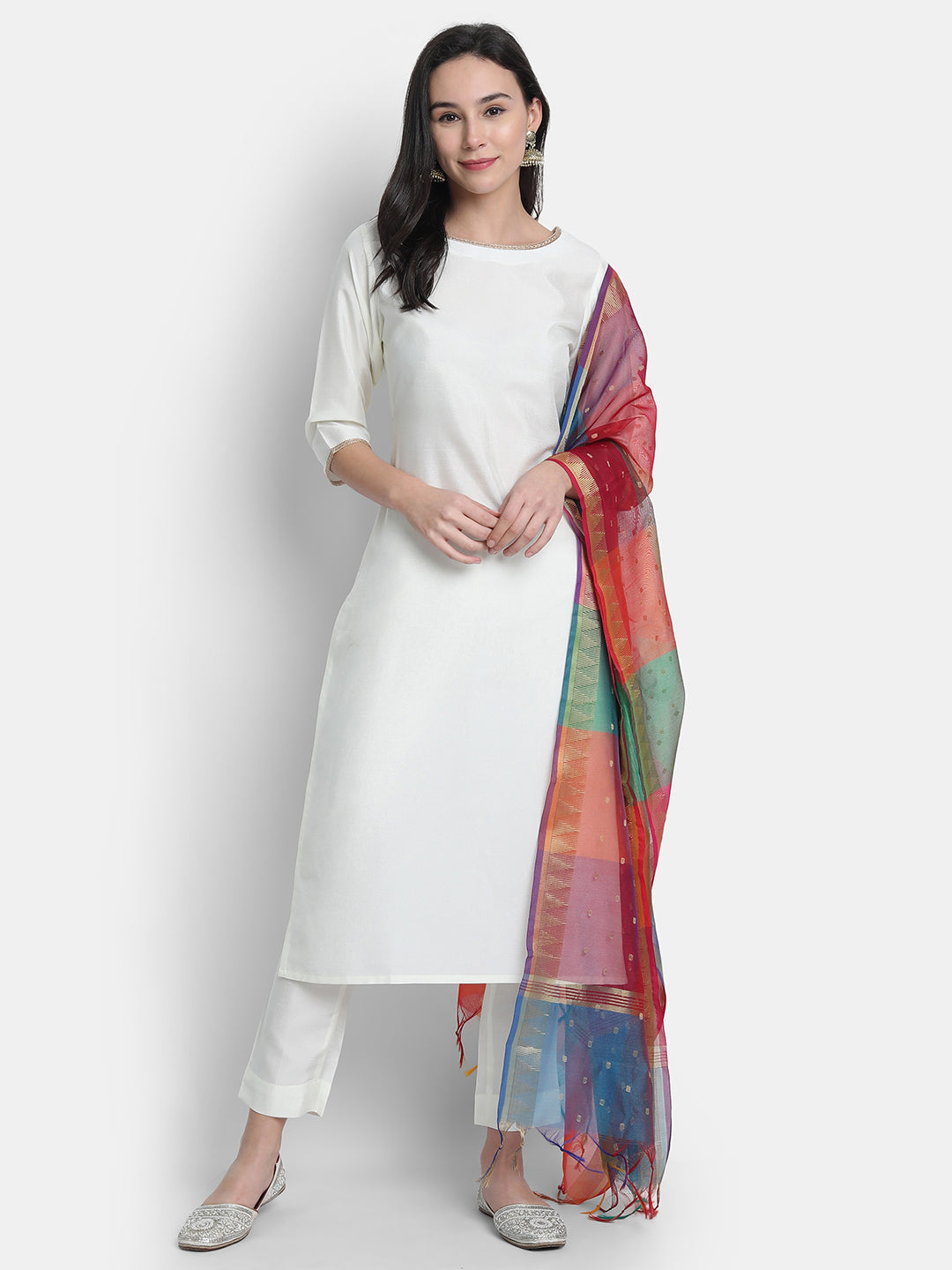 Janasya Off-White Poly Silk Solid Set