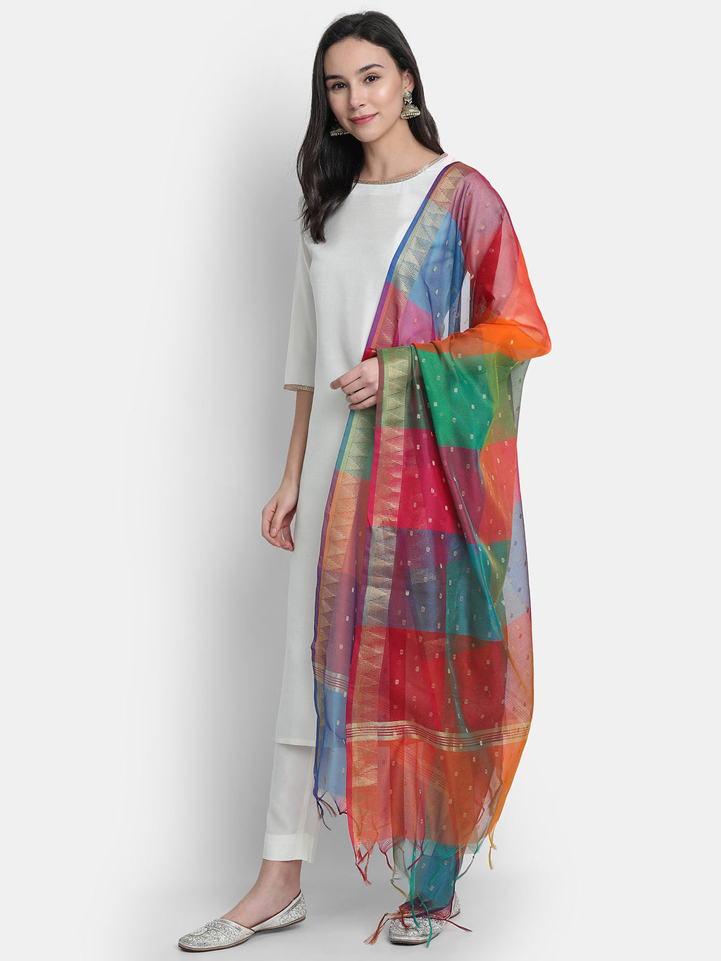Janasya Off-White Poly Silk Solid Set