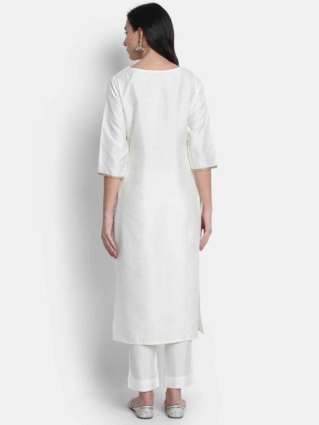 Janasya Off-White Poly Silk Solid Set