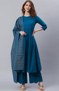 Janasya Women's Blue Cotton Solid Kurta With Palazzo And Dupatta - Distacart