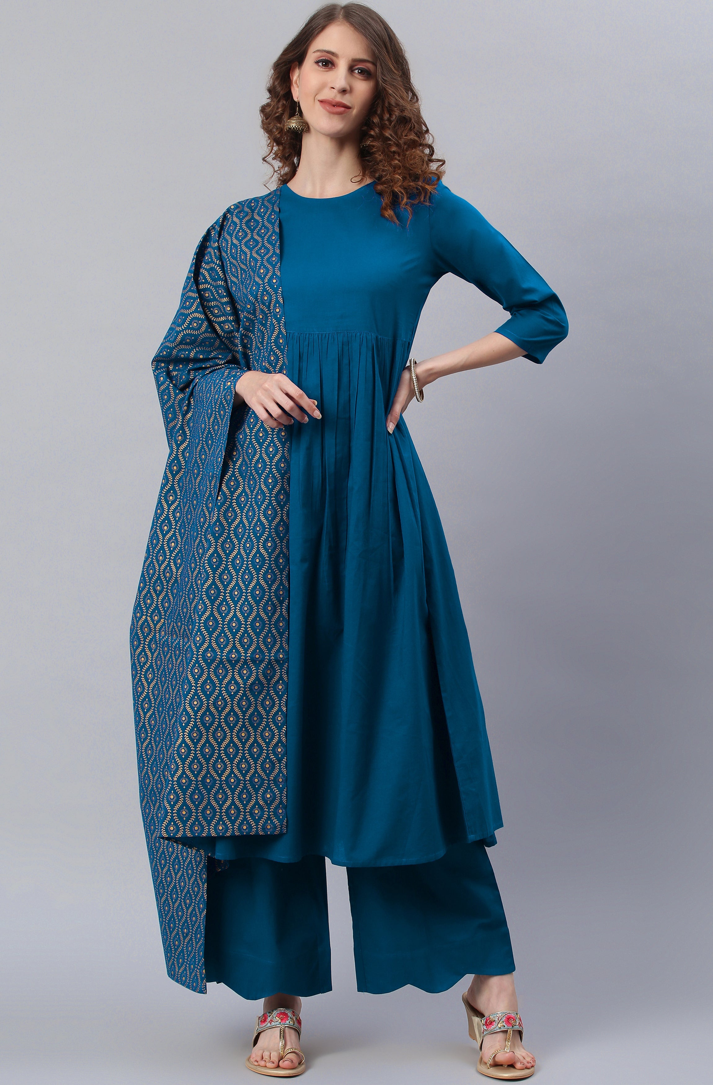 Janasya Women's Blue Cotton Solid Kurta With Palazzo And Dupatta - Distacart