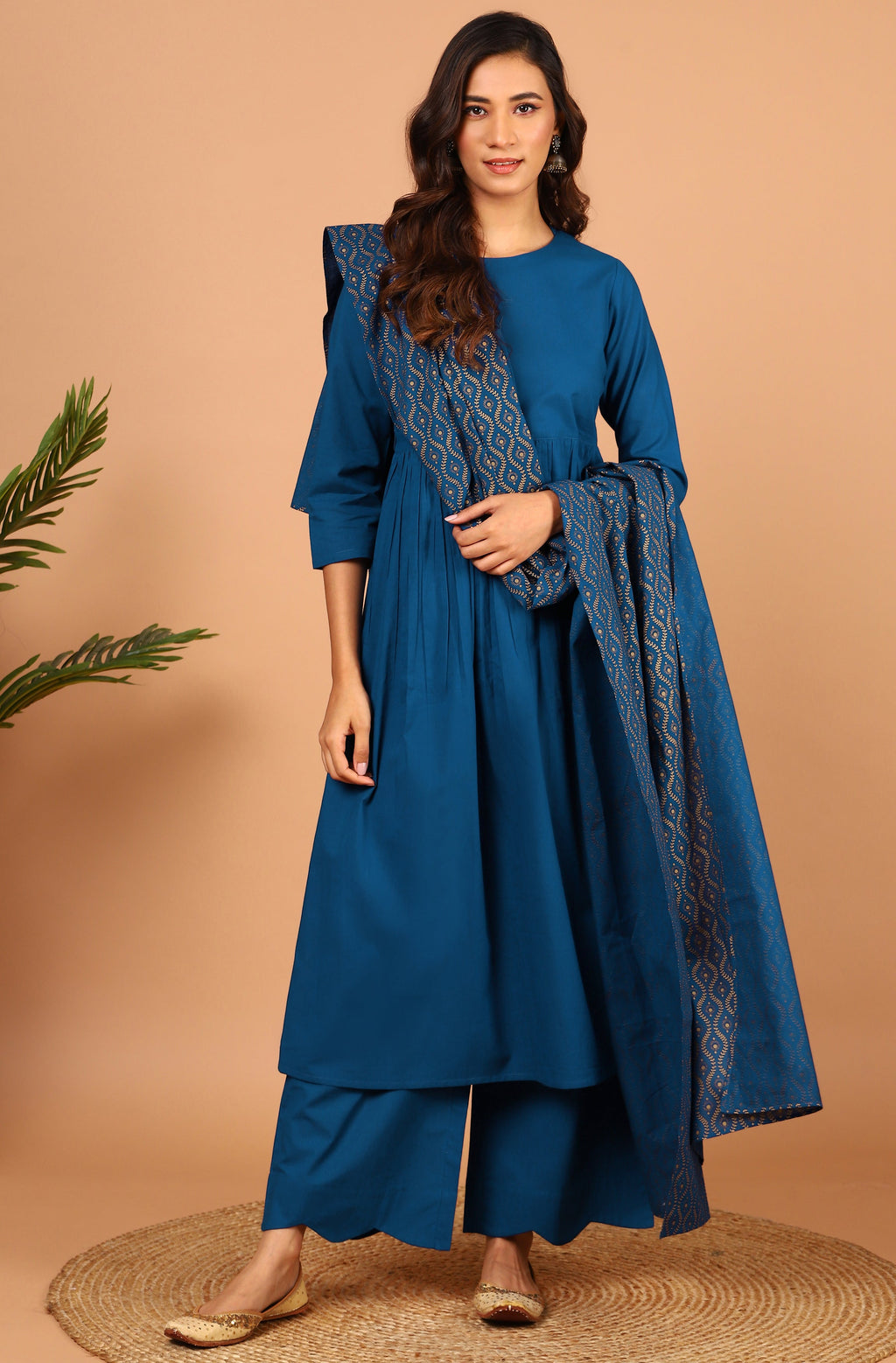 Janasya Women's Blue Cotton Solid Kurta With Palazzo And Dupatta - Distacart