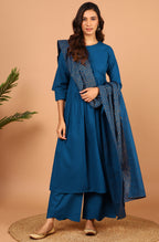 Janasya Women's Blue Cotton Solid Kurta With Palazzo And Dupatta - Distacart