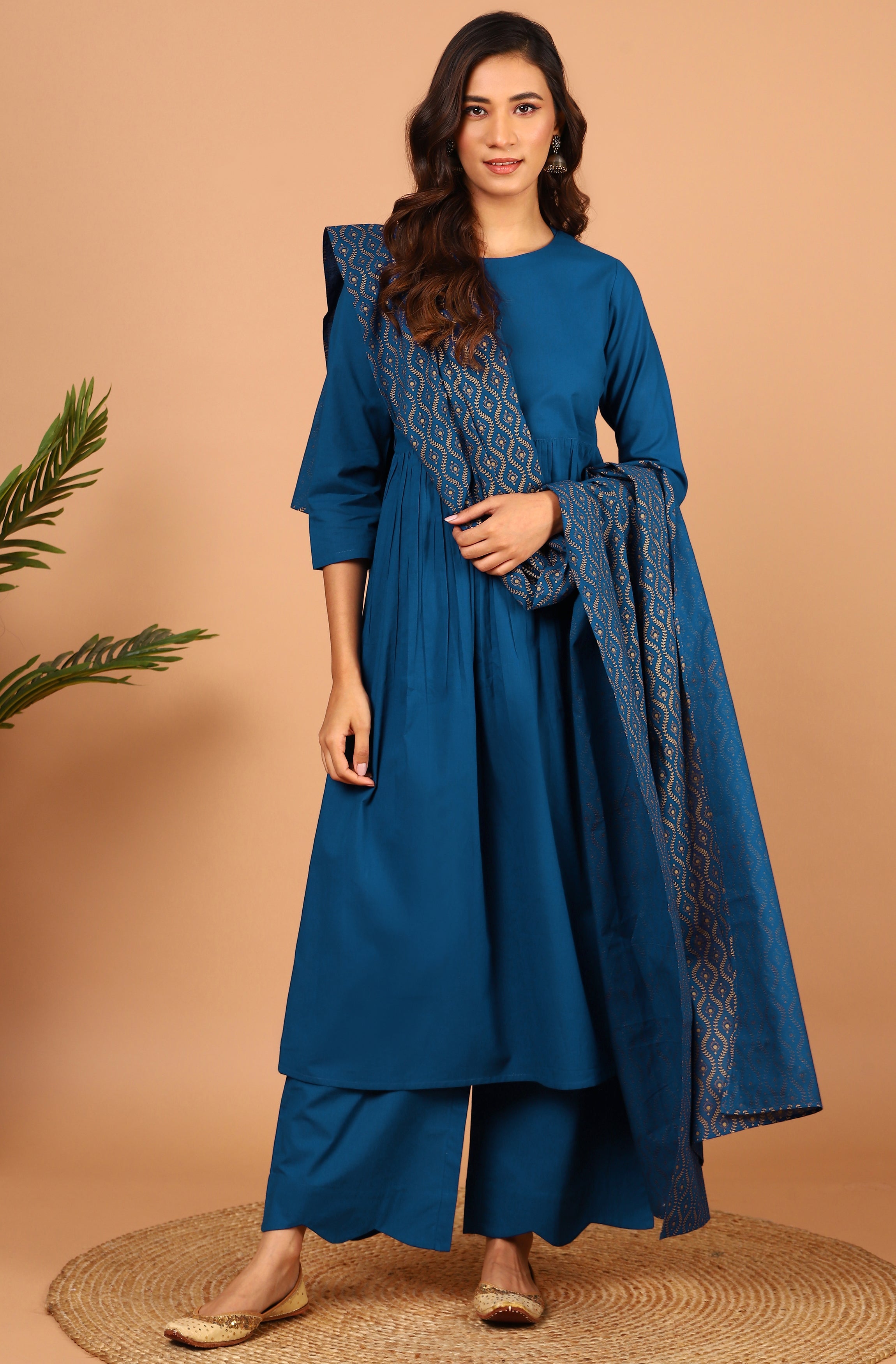 Janasya Women's Blue Cotton Solid Kurta With Palazzo And Dupatta - Distacart