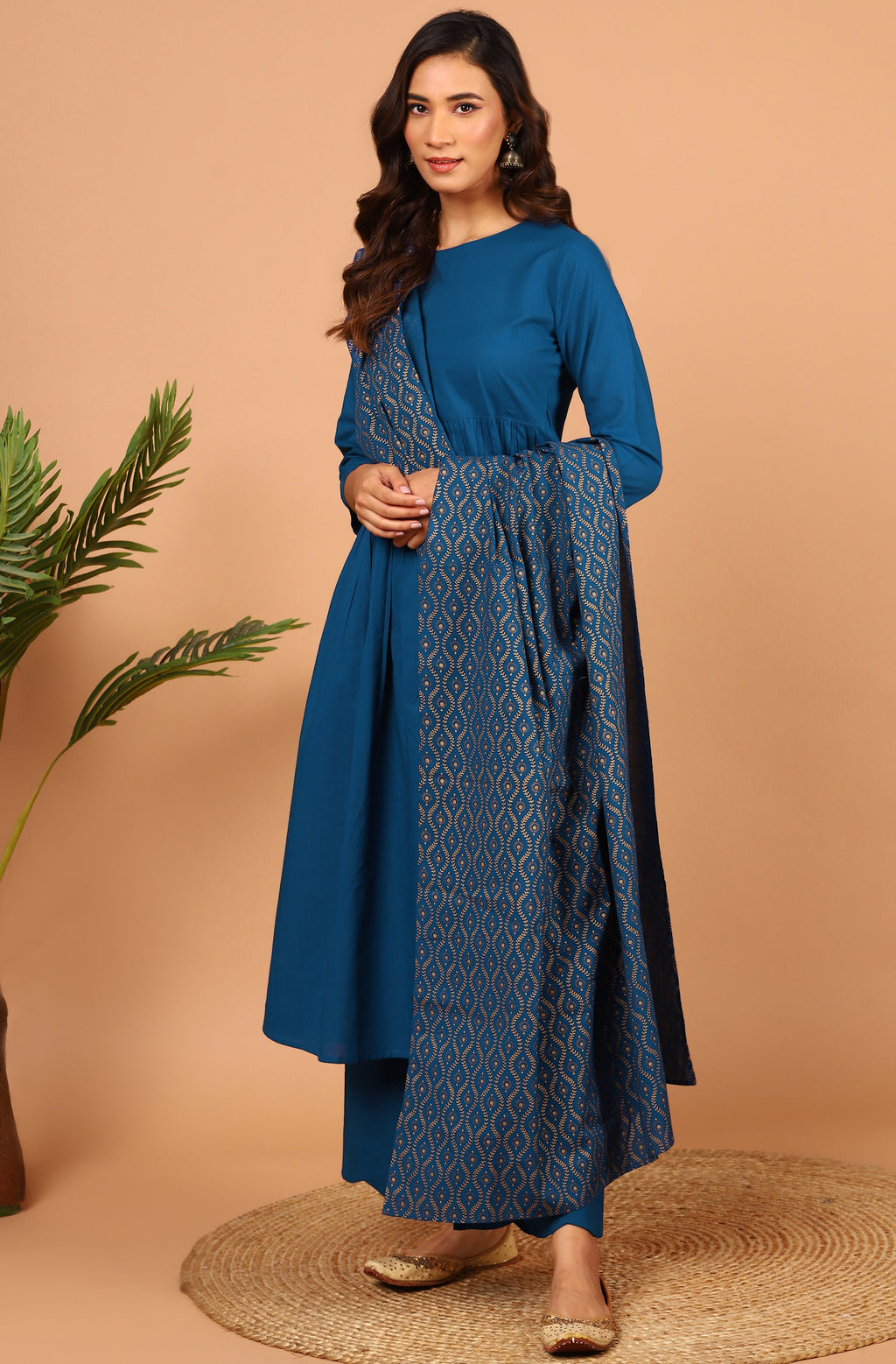 Janasya Women's Blue Cotton Solid Kurta With Palazzo And Dupatta - Distacart