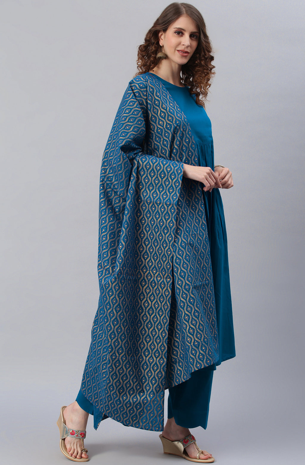 Janasya Women's Blue Cotton Solid Kurta With Palazzo And Dupatta - Distacart