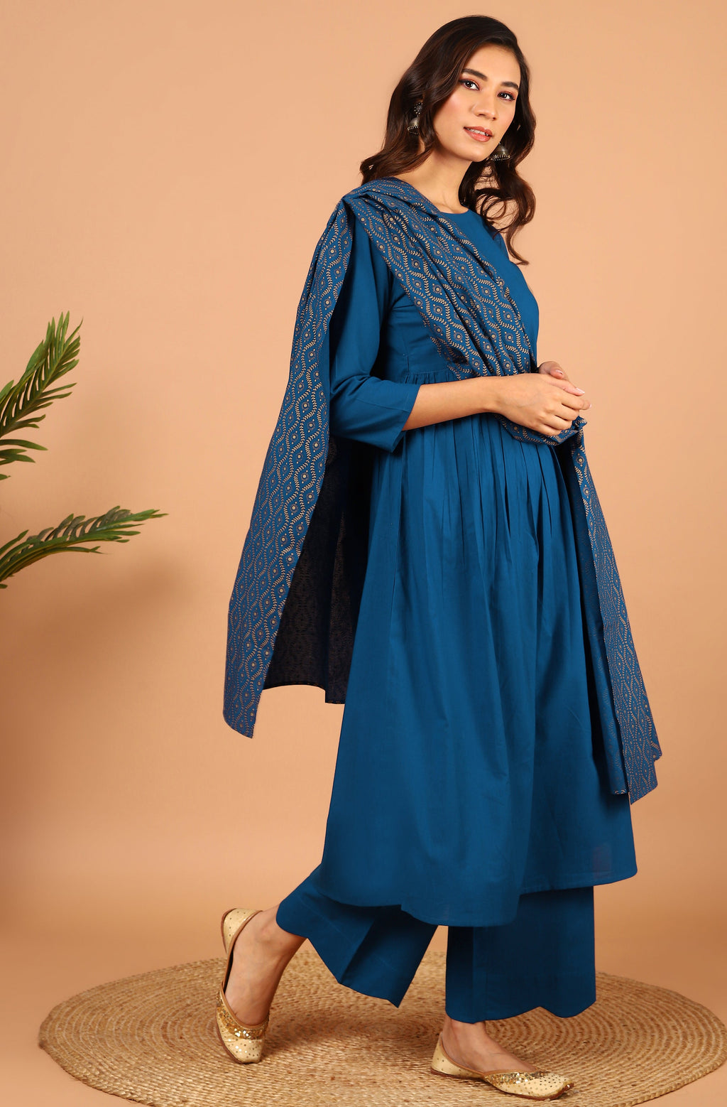 Janasya Women's Blue Cotton Solid Kurta With Palazzo And Dupatta - Distacart