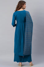 Janasya Women's Blue Cotton Solid Kurta With Palazzo And Dupatta - Distacart