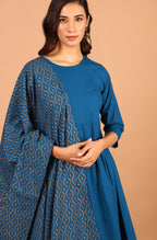 Janasya Women's Blue Cotton Solid Kurta With Palazzo And Dupatta - Distacart