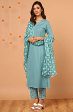 Janasya Women's Turquoise Cotton Striped Kurta With Pant And Dupatta - Distacart