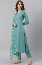 Janasya Women's Turquoise Cotton Striped Kurta With Pant And Dupatta - Distacart