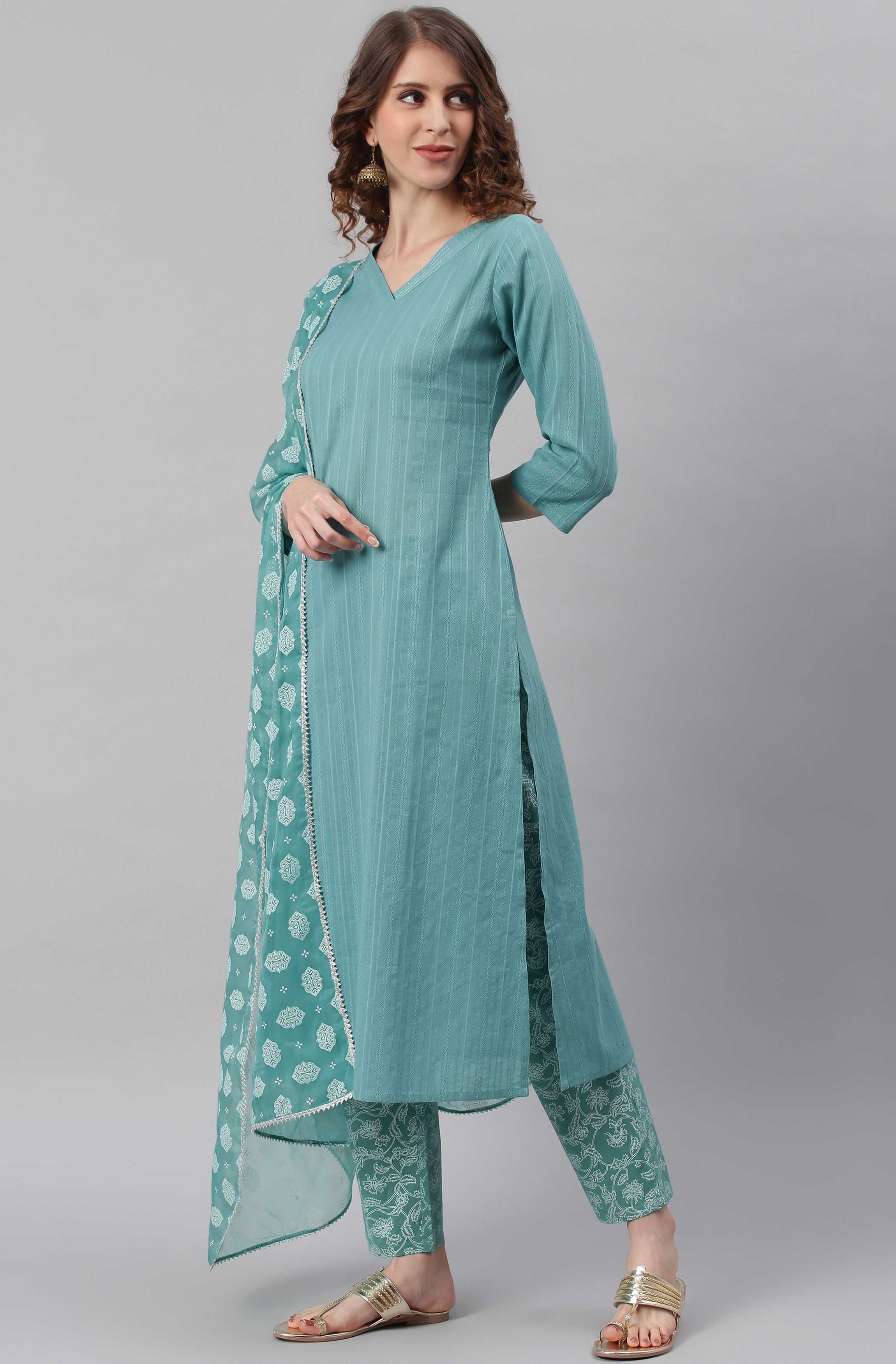 Janasya Women's Turquoise Cotton Striped Kurta With Pant And Dupatta - Distacart