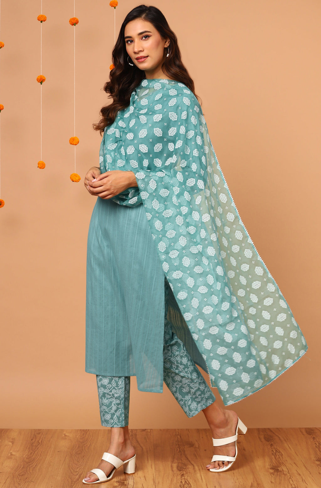 Janasya Women's Turquoise Cotton Striped Kurta With Pant And Dupatta - Distacart