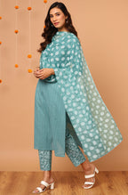 Janasya Women's Turquoise Cotton Striped Kurta With Pant And Dupatta - Distacart