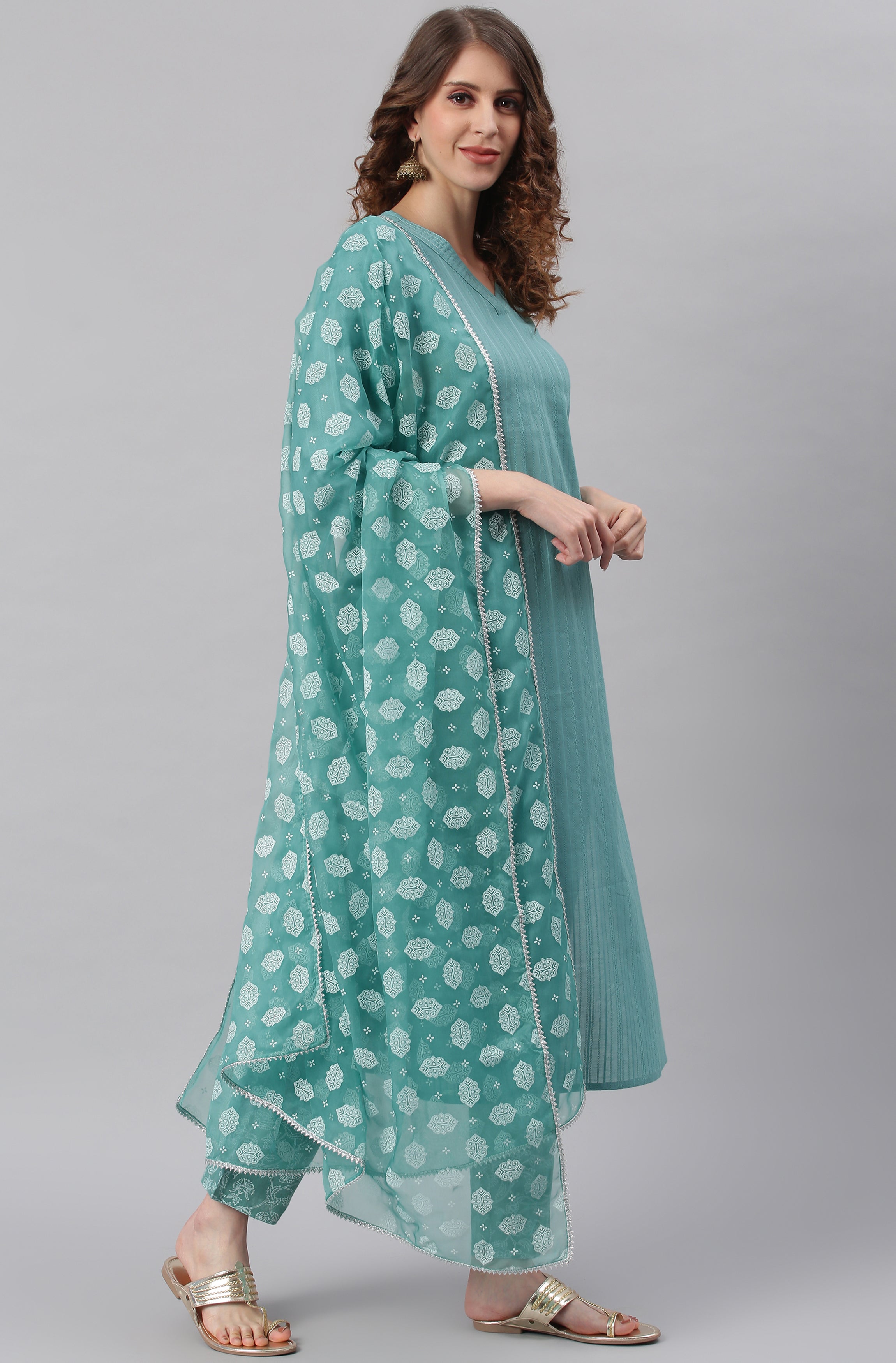 Janasya Women's Turquoise Cotton Striped Kurta With Pant And Dupatta - Distacart