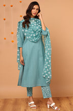 Janasya Women's Turquoise Cotton Striped Kurta With Pant And Dupatta - Distacart