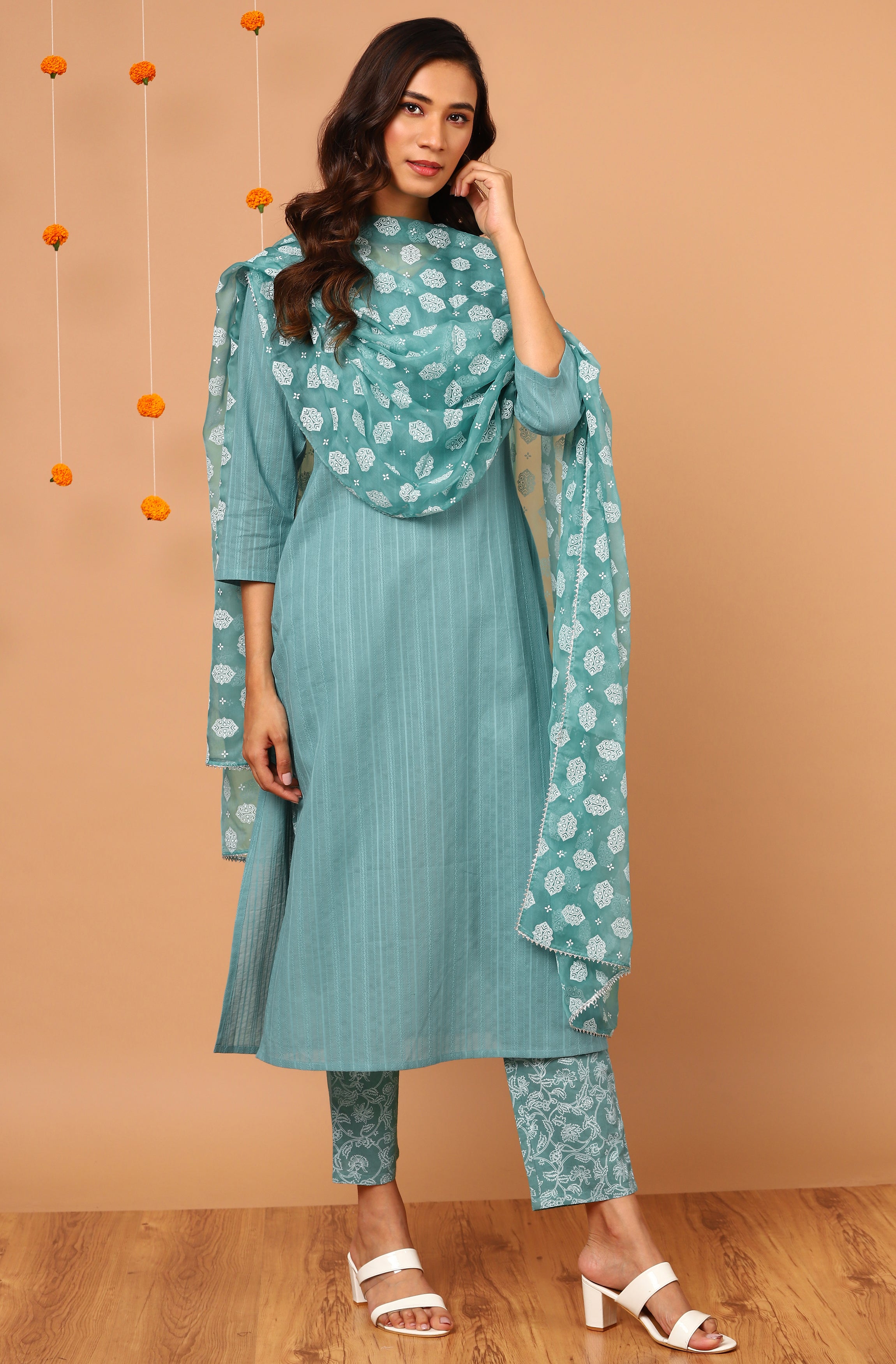 Janasya Women's Turquoise Cotton Striped Kurta With Pant And Dupatta - Distacart