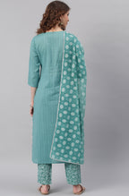 Janasya Women's Turquoise Cotton Striped Kurta With Pant And Dupatta - Distacart