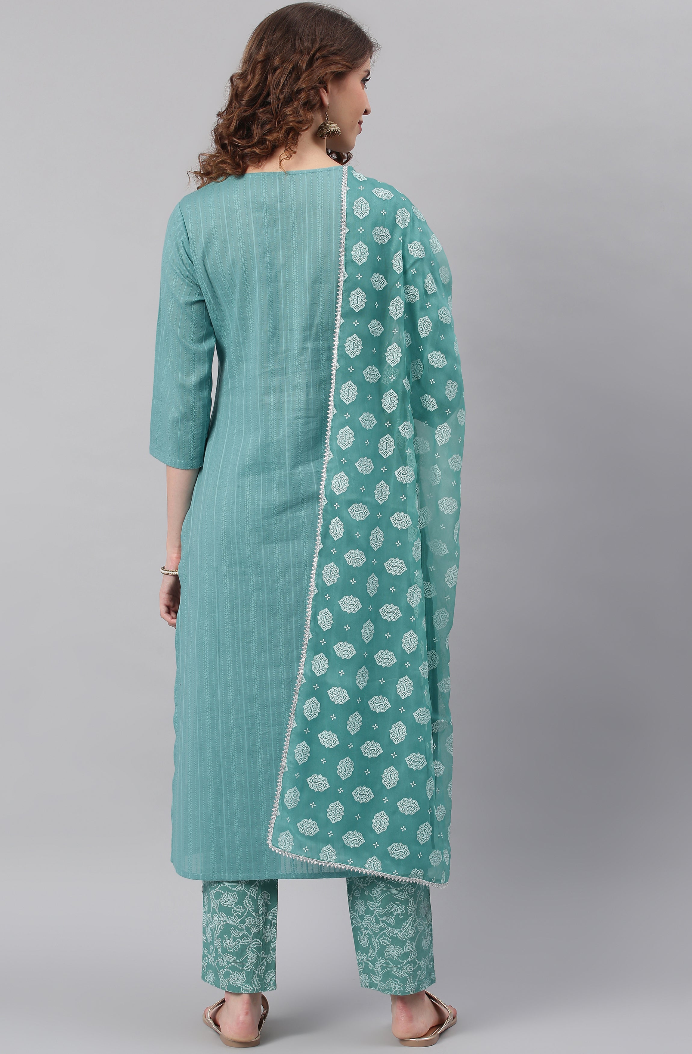 Janasya Women's Turquoise Cotton Striped Kurta With Pant And Dupatta - Distacart