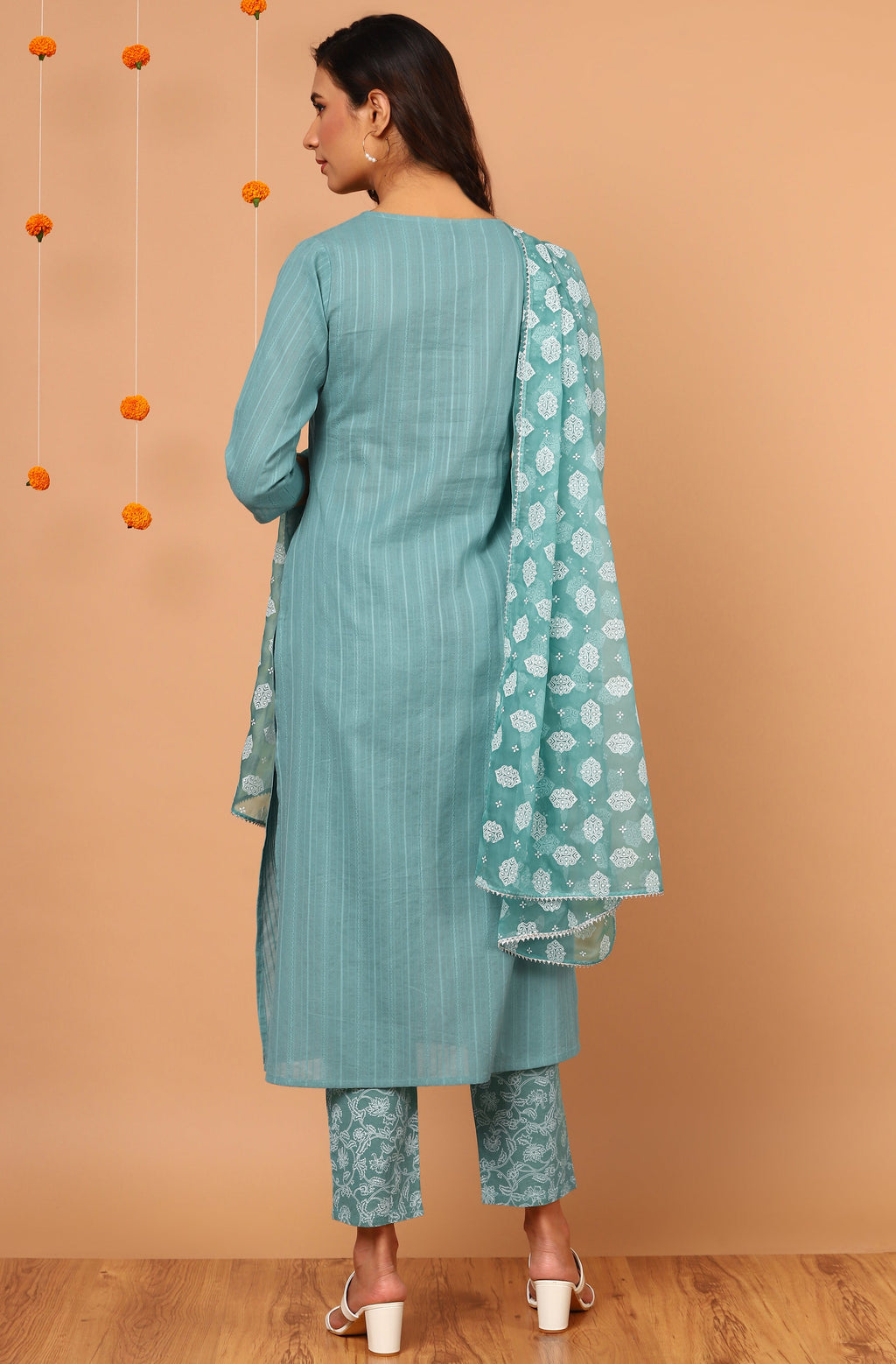 Janasya Women's Turquoise Cotton Striped Kurta With Pant And Dupatta - Distacart