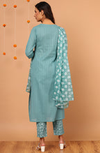 Janasya Women's Turquoise Cotton Striped Kurta With Pant And Dupatta - Distacart